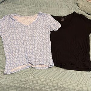 Blue Floral and Black V-Neck T-Shirts
